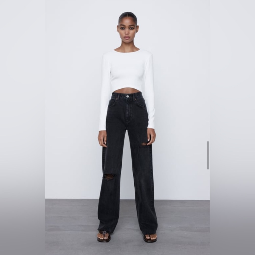 BLACK WIDE LEG FULL LENGTH RIPPED JEANS